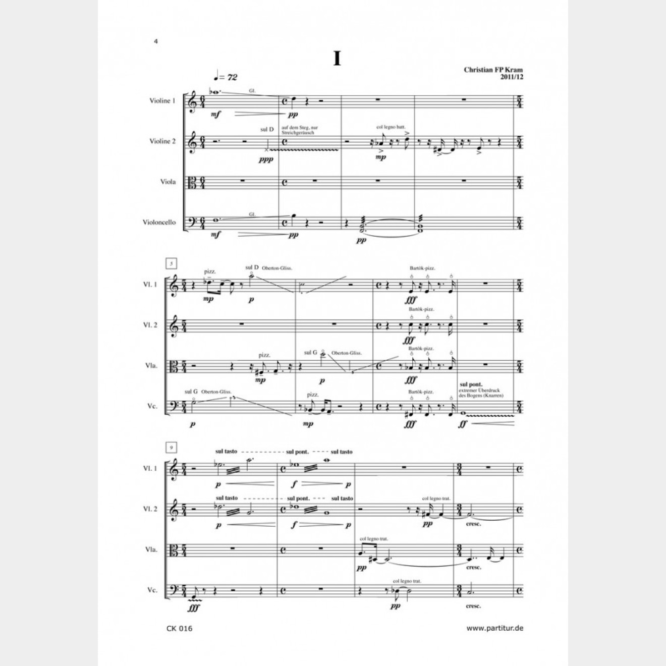 aphoristisch für Streichquartett, 10` (Spielpartitur und Stimmen)