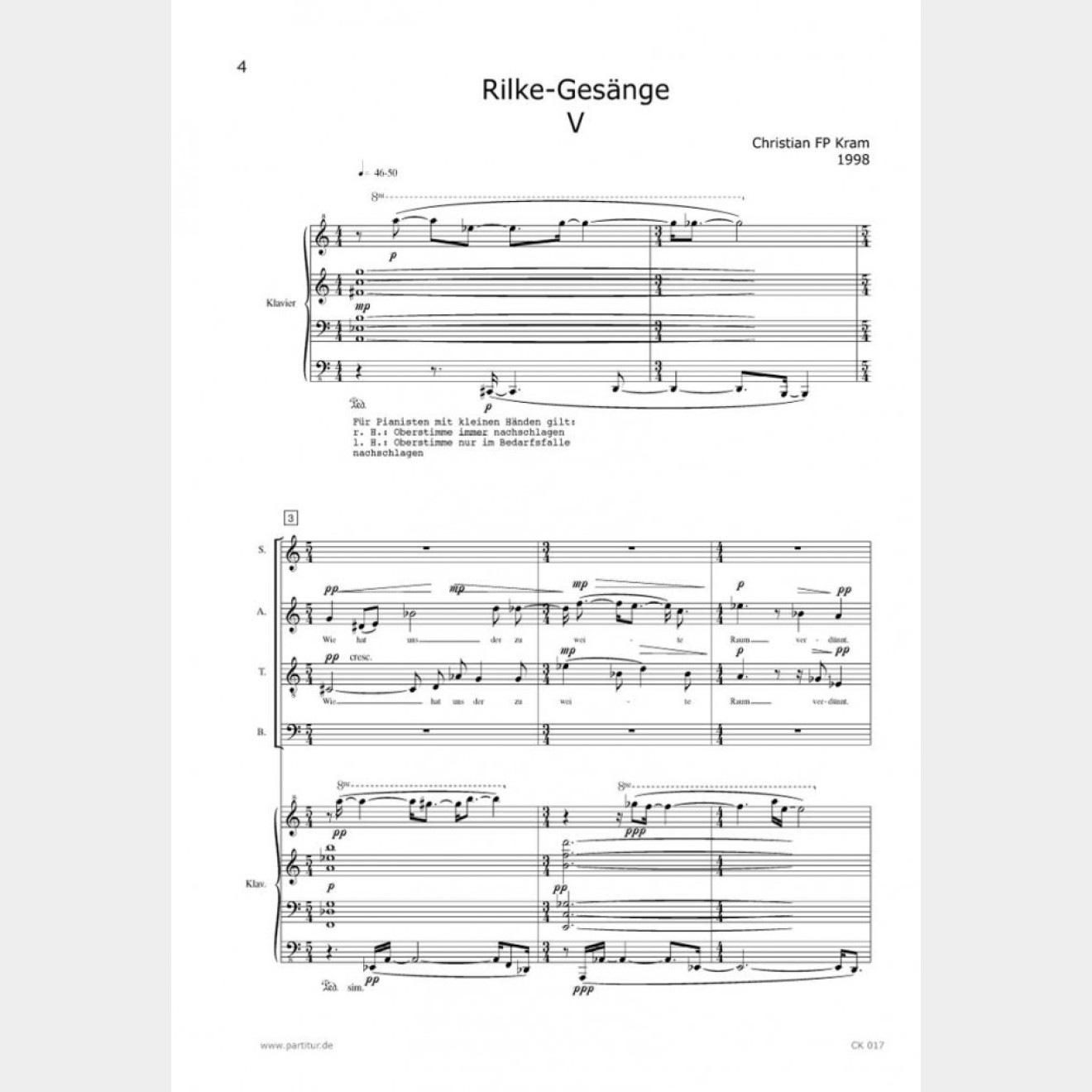 Rilke-Gesänge für Vokalquartett und Klavier, 10` (5 Partituren)