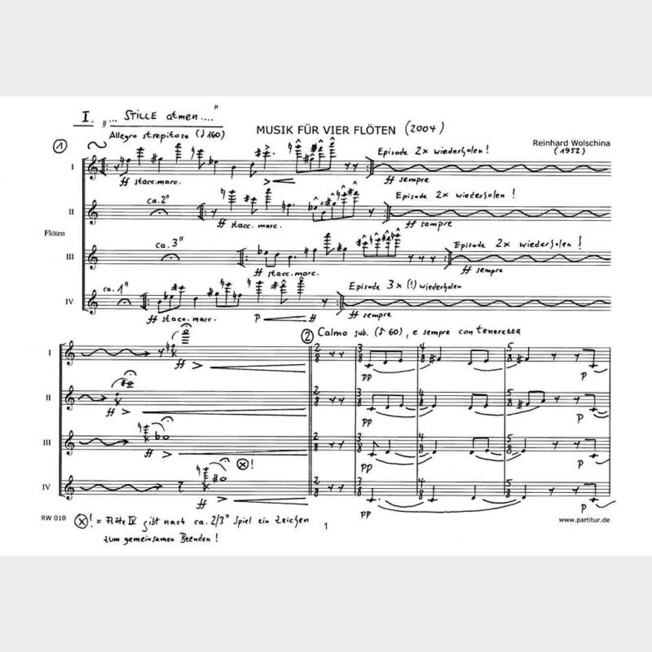 Musik für vier Flöten (4 Spielpartituren-lose Blätter), 8`
