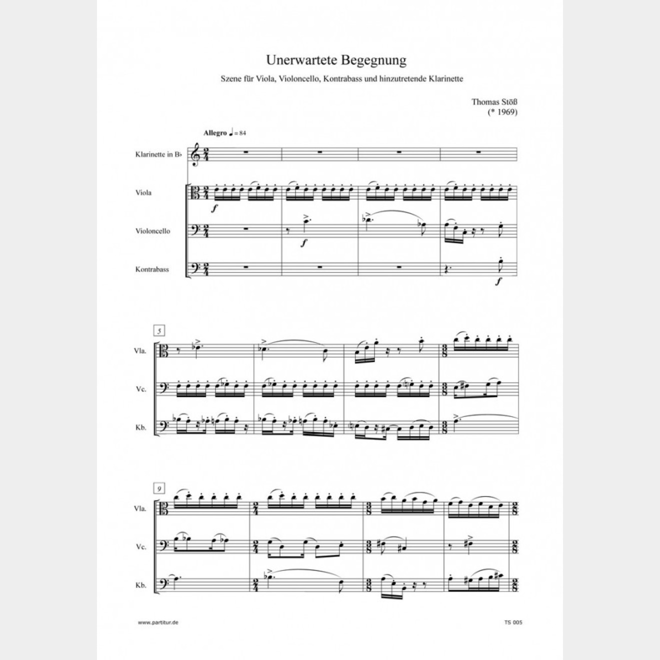 Unerwartete Begegnung - Szene für Viola, Violoncello, Kontrabass und hinzutretende Klarinette (Partitur und Stimmen), 10`
