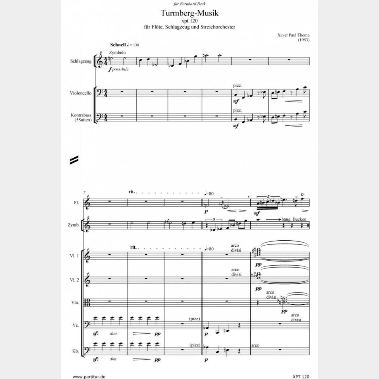 Turmberg-Musik: Konzert für Flöte (+Picc), Schlagzeug (1 Spieler) und Streichorchester, 13`