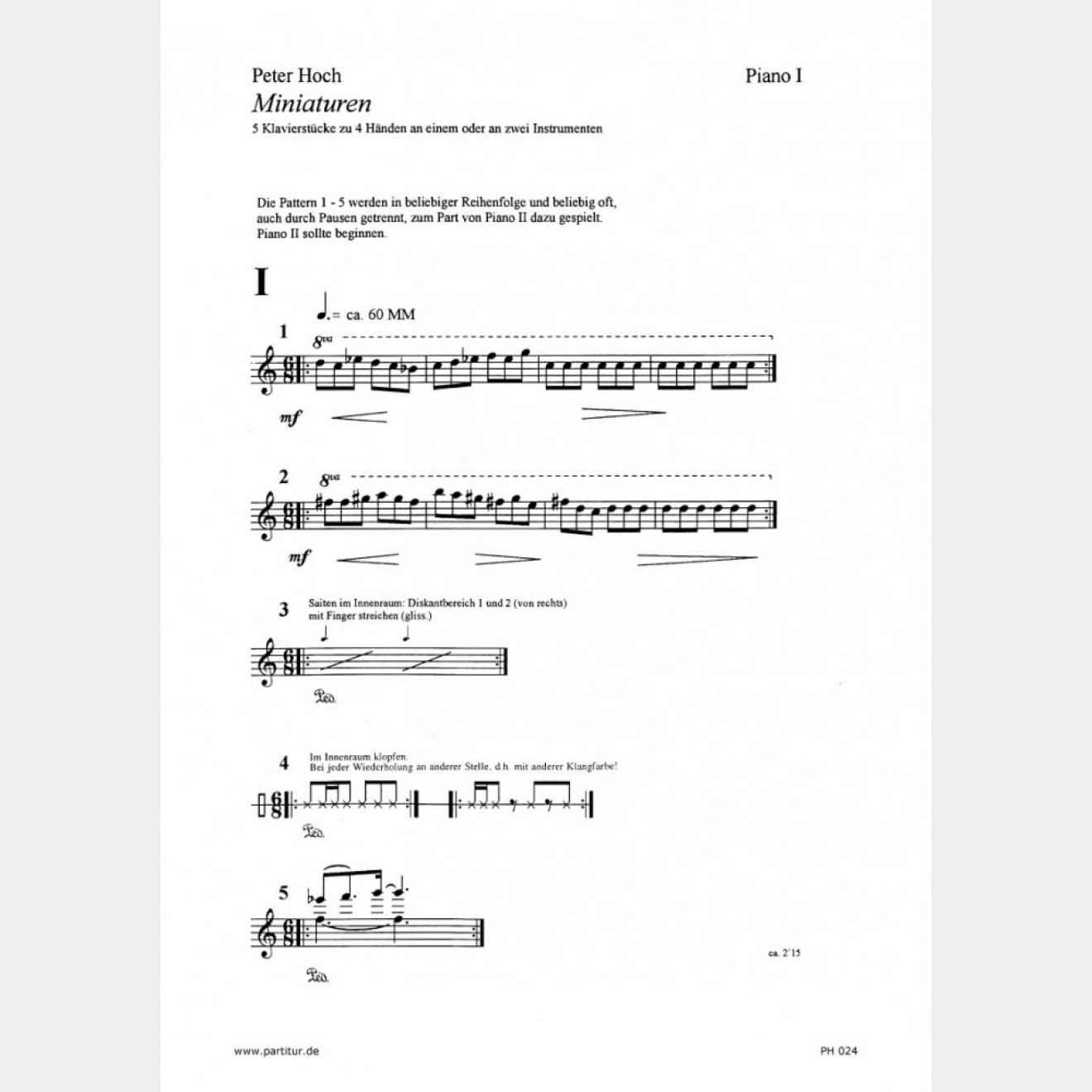 Miniaturen, 5 Klavierstücke for 4 hands (Score and Part), 9`