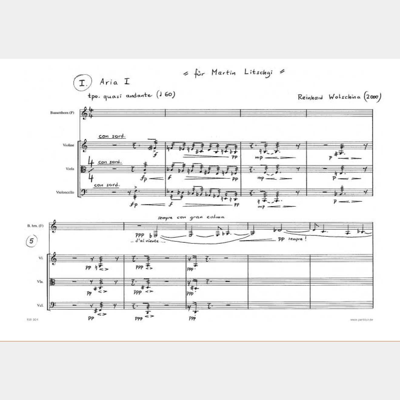 Moments of silence für Bassetthorn und Streichtrio (4 Scores), 14`